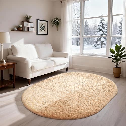 Ophanie 3x5 Oval Rug, Bedside Preppy Dorm Area Rug, College Essentials Non Slip Beige Small Carpets for Bedroom, Anti Slip Fluffy Living Room Rugs Home Decor Aesthetic, Nursery