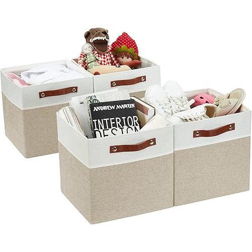 DECOMOMO Fabric Cube Storage Bins - Storage Baskets for Shelves, Cube Storage Organizer for Kallax and Cubbies (Beige & White, 11 inch Cube) - 4 Pack