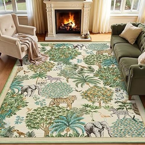 GarveeHome Jungle Animal Print Rug 5x7 Washable Area Rugs for Living Room, Forest Rug Non Slip Low Pile Stain Resistance Large Throw Carpet for Bedroom Dining Room Kids Playroom Nursery, Beige