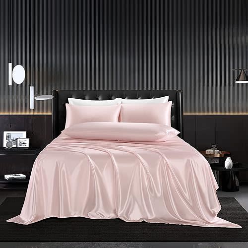 5Pcs Blush Pink Silk Sheets Full,Blush Pink Satin Sheets Set Full Size Silky Comforter Bedding Sheets with 1 Satin Flat Sheet,1Deep Pocket Fitted Sheet,3 Pillowcases with Envelope Closure