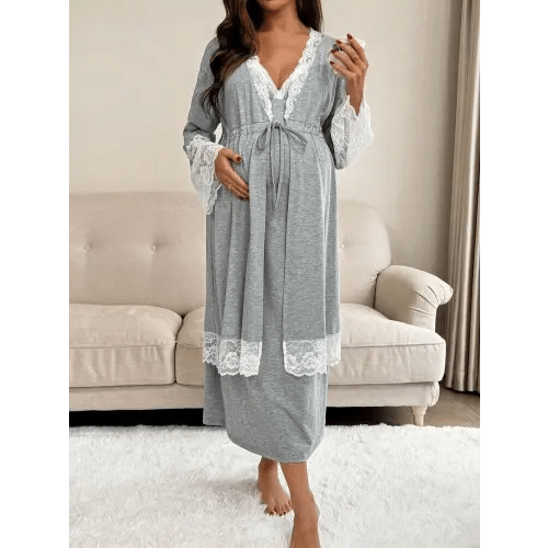 SHEIN 2pcs Maternity Contrast Lace Long Sleeve Robe And Camisole Nursing Nightgown Set | SHEIN USA