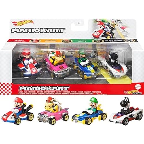 Hot Wheels Mario Kart Set of 4 Die-Cast Toy Cars with Attached Character Drivers, Includes Black Yoshi (Amazon Exclusive)