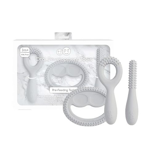 ezpz Oral Development Tools (3 Pack in Pewter) - 3 Months+ - Non-Slip Loop, Smile and Stick 100% Silicone Tools - Prepare for Chewing + Solids - Baby-Led Weaning Supplies