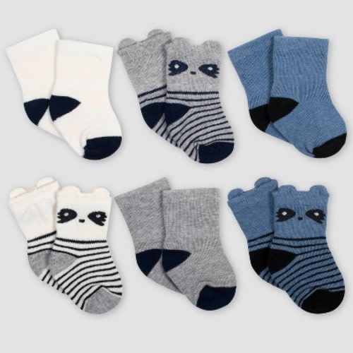 Gerber Baby Boys' 6pk Raccoon Wiggle Proof Crew Socks - Blue/Gray 0-6M