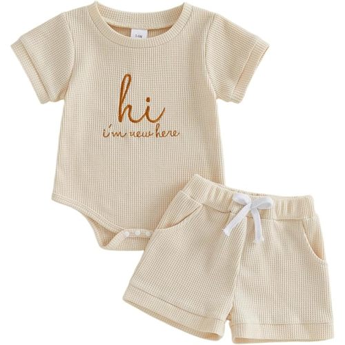 Douhoow Newnorn Baby Summer Clothes Infant Girls Boys Short Sleeve Letter Embroidery Baby Waffle Romper Shorts Set
