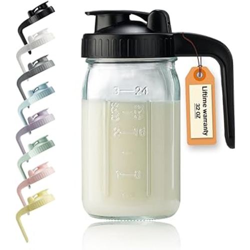 32oz Glass Pitcher with Lid & V-shaped Pour Spout - 1 Quart Breastmilk Pitcher Double Leak Proof, Creamer Container for Sun Tea, Juice, Cold Brew Coffee, Breastmilk Storage Container