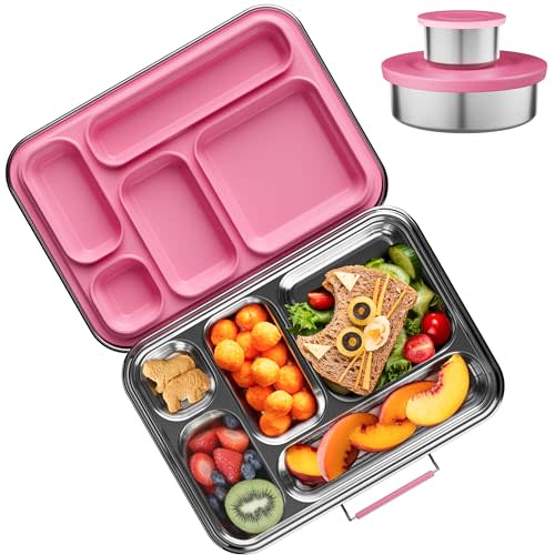 AOHEA Stainless Steel Bento Box Kids, Kids Metal Bento Lunch Box BPA Free Lunch Box Containers 304 Stainless Steel Bento Box for School and Office(Pink)