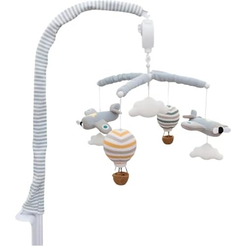 LIVING TEXTILES Baby Music Mobile - Up & Away Crib Toy, Sky Hot Air Balloon,Clouds Planes, Musical Nursery Decor, Calming Soother with 12 Lullabies Essential Perfect Toy for Boys Girls, Blue