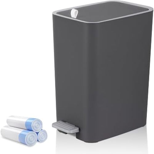 rejomiik Small Bathroom Trash Can with Lid, 2.1 Gallon Step Garbage Can with Handle, Slim Mini Wastebasket Bin for Bedroom, Office, Dorm, Dark Gray