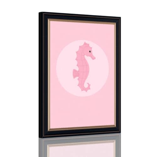 Framed Pink Seahorse poster Canvas Print Art Cute Whimsical Poster Painting Pictures Wall Decor Home Decor for Living Room Bedroom Apartment (Black Framed,12" Lx18 W)