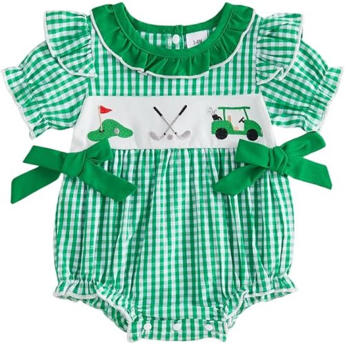 FYBITBO Newborn Baby Girl Outfit Golf Football Onesie Bubble Romper Short Sleeve Plaid Bodysuit Cute Smocked Clothes Outfits