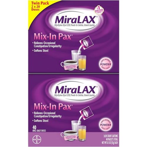 MiraLAX Laxative Powder for Gentle Constipation Relief for Adults, Stool Softener with PEG 3350, Nonstimulant Laxative, No Harsh Side Effects, Single Dose Mix-in Pax, Travel Pack, 40 Doses