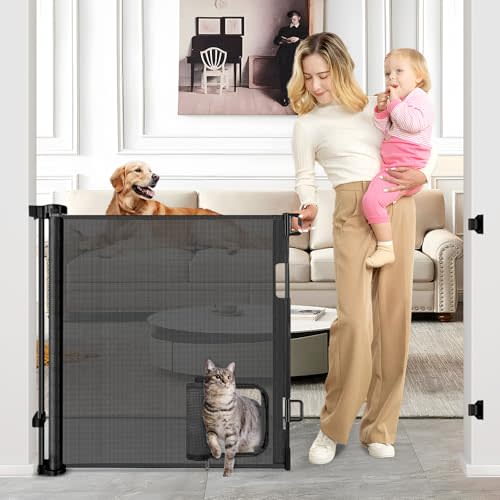 Retractable Baby Gates with Door 55" Wide Retractable Dog Gate with Pet Door Outdoor Retractable Gate for Dogs Mesh Baby Gate Retractable Pet Gate with Cat Door Retractable Child Gates for Doorways
