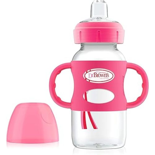Dr. Brown's Milestones Wide-Neck Sippy Spout Bottle with 100% Silicone Handles, Easy-Grip Handles with Soft Sippy Spout, 9oz/270mL, Pink, 1-Pack, 6m+