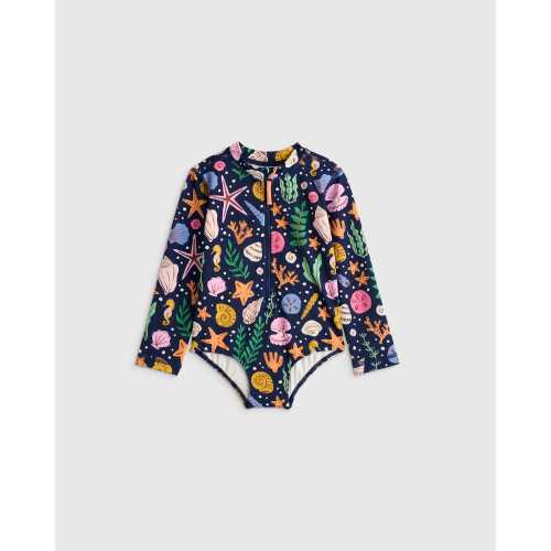 Long Sleeve Zip-Up Swimsuit - Toddler in Navy Seashells