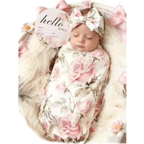 Galabloomer Baby Girl Newborn Receiving Blanket with Headband Set Baby Swaddle Nursery Swaddle Wrap with Card (Vintage Flower)