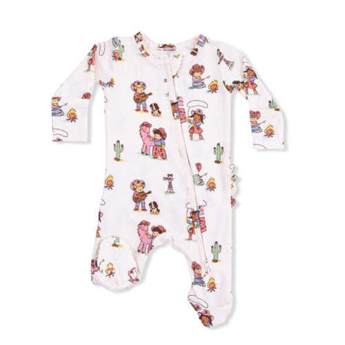 Vintage Cowgirls - 2 Way Ruffle Back Zipper Footie, Newborn