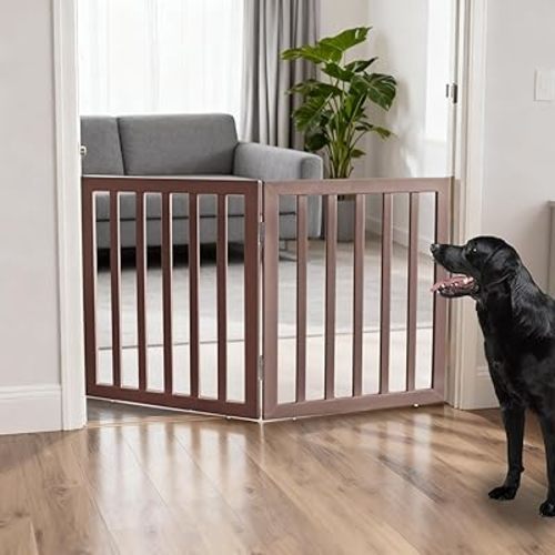 ZJSF Freestanding Indoor Dog Gate for House Foldable Wood Brown Puppy Gate for Doorways Pet Gate for Stairs Extra Wide Pet Fence 24" Height 2 Panels