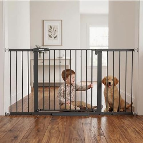 Mumeasy 36-63" Extra Wide Baby Gate for Stairs, 28.74" Walk Through Large Dog Gate for Doorways & Hallways, Auto Close Pet Gate Indoor, Pressure Mounted Child Wide Long Safety Gate for House, Black