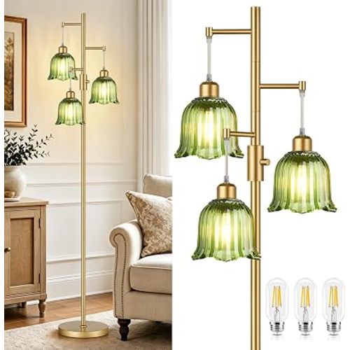 Dimmable Floor Lamp, 3 x 900LM Edison Bulbs Included, Modern Gold Tree Standing Lamp with Elegant Green Glass Flower Shade 3 Lights Vintage Floor Lamp for Living Room, Bedroom, Office