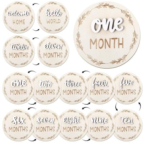 7 Pack Baby Monthly Milestone Signs, Double Sided Baby Milestone Signs Wooden Baby Announcement Sign for 1-12 Months Baby Milestone Pictures