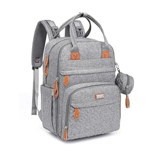 BabbleRoo Diaper Bag Backpack - Baby Essentials Travel Tote - Multi Function Water Resistant Diaper Bag, Travel Essentials Baby Bag with Changing Pad, Stroller Straps & Pacifier Case - Light Gray