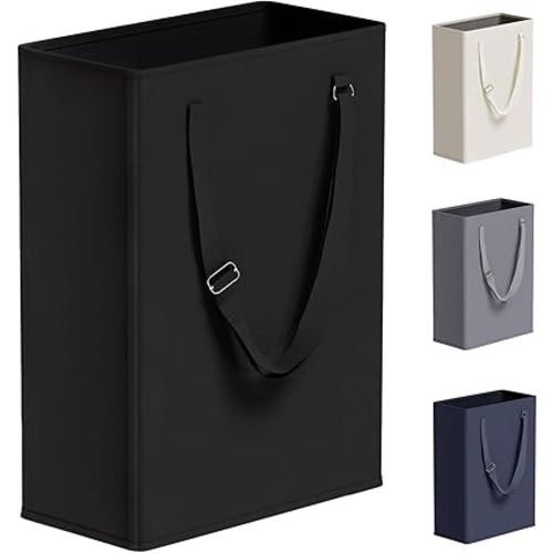 Slim Laundry Hamper with Adjustable Long Handles, 45L Small Laundry Baskets with Mesh Top, Narrow Dirty Clothes Hamper for Bedroom, Closet, and Bathroom - Black