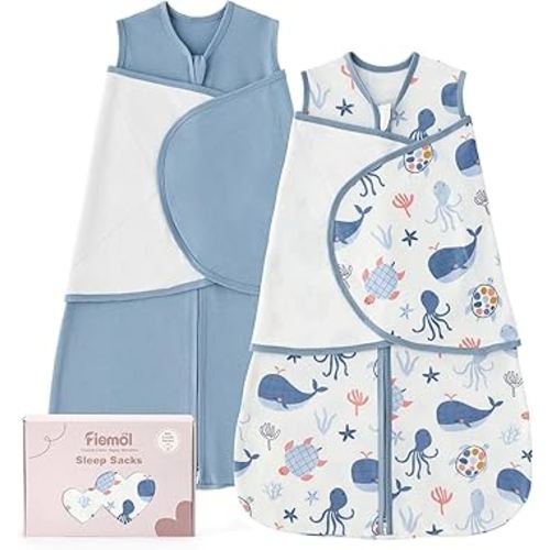 Baby Swaddle Sleep Sack 3-6 Months, Swaddles for Newborns Boy Girl, 3-Way Adjustable Infant Swaddle Wearable Blanket with Zipper & Detachable Wrap, 2 Pack Soft Snug Blue Whale