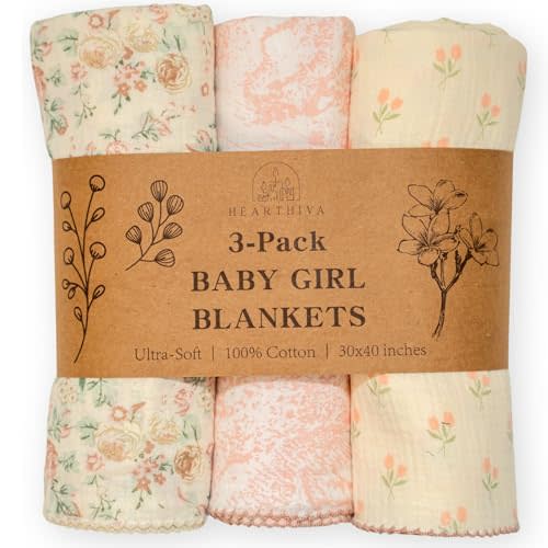 HEARTHIVA Baby Muslin Swaddle Blankets – 3-Pack 100% Cotton Receiving Blankets for Newborn Girls – Soft, Breathable & Lightweight – 30x40 Multi-Use Swaddle Set (Floral Pink)