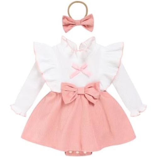 Baby Girls Romper Dress Long Sleeve Ruffle Ribbed Knit Fall‑Winter Bodysuit