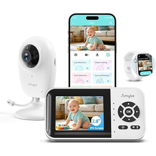 Simyke Smart Video Baby Monitor,2.8" Display & 1080p Camera,WiFi/No WiFi Modes,Cry Detection,2-Way Audio Talk,VOX/ECO,Feeding Timer,Temperature Sensor,Night Vision,8 Lullabies, Supports 4 Cameras