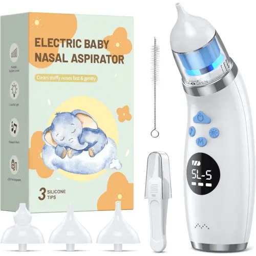 Nasal Aspirator for Baby, Baby Nose Sucker with 3 Soft Silicone Tips, 5 Levels of Suction Adjustment, Electric Nose Suction for Baby，Built-in Music & Light Soothing