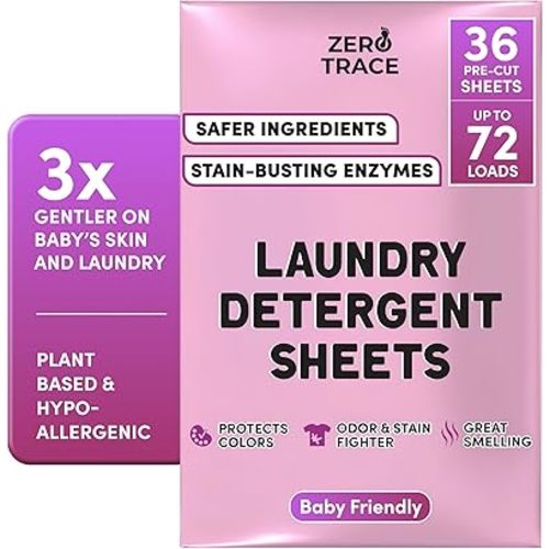 ZERO TRACE Baby Friendly Laundry Detergent Sheets, 72 Loads - Eco Friendly, All Natural, Hypoallergenic, Biodegradable - Sheet Laundry Soap for Sensitive Skin
