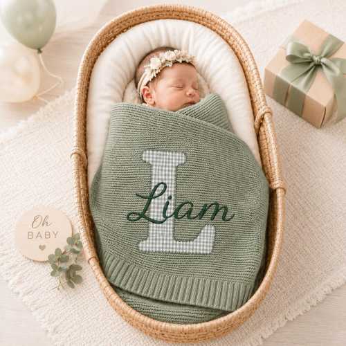 Personalized Baby Blanket, Applique Embroidered Name Blanket, Cotton Knit Newborn Gift, Gender Neutral Baby Shower Gift, Nursery Keepsake