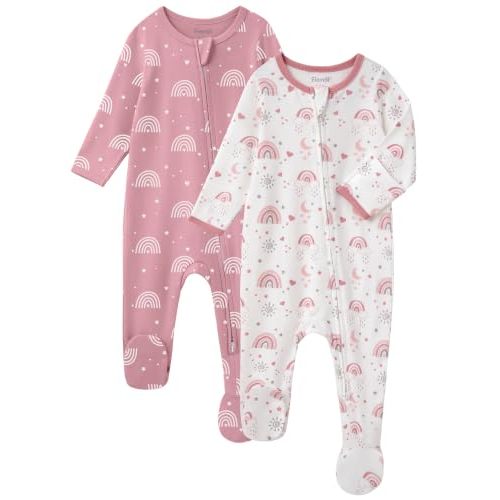 Baby Girl Sleepers 100% Cotton Footie Pajamas Newborn 0-3 3-6 6-9 Months with 2-Way Zipper, 2pcs PJs Baby Girl Clothes