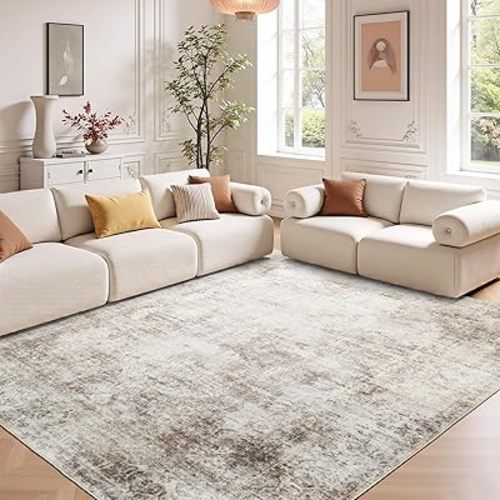 Washable Rugs 5x7 Area Rugs for Living Room,Rug for Bedroom, Vintage Distressed Non-Slip, Ultra Soft Faux Wool Carpet for Dining Room, Beige Brown for Home Office Décor