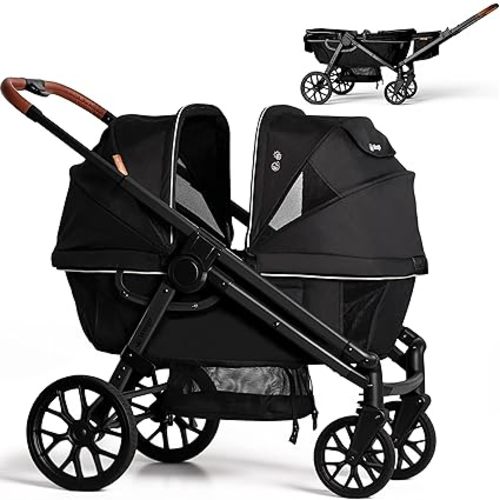 Wagon Stroller for 2 Kids, All-Terrain with Removable UV-Protection Canopy, Adjustable Push/Pull Handle, Snack Tray & Cup Holders, Perfect for Baby and Toddler (Black)