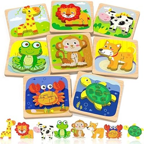 Benresive Wooden Toddler Puzzles, 8pcs Animal Montessori Toys for 1-3 Year Old Boys & Girls, Learning Educational Preschool Toys, Great Gifts for 1 2 3 Year Olds