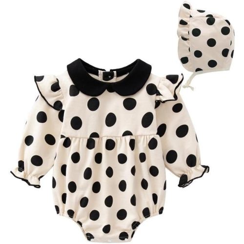 Baby Girl Long Sleeve Romper And Hat Set Vintage Polka Dot Onesie, Newborn Girl Outfits For Spring Fall Cotton Romper