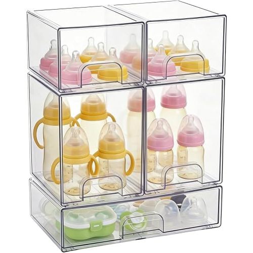 5 Pcs Clear Stackable Storage Drawers Organizer, Acrylic Drawer Cabinet Organizer Set for Beauty Supplies Baby bottle, Plastic Bins Vanity, Bathroom Supplies,Cabinet,Pantry Organization Containers