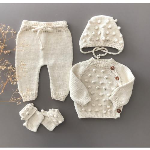 Hand Knit Organic Cotton Newborn Outfit in Popcorn Style: Sweater, Pants, Bonnet & Booties
