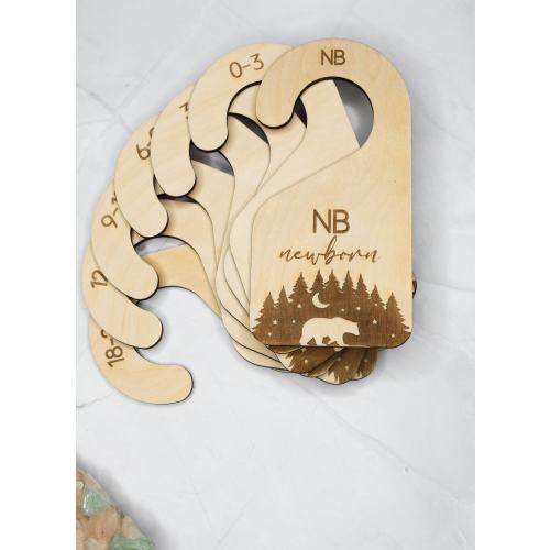 Bear in Forest at Night with Stars and Crescent Moon Baby Closet Dividers - Engraved Wooden Hangers for Newborn to 24 Months