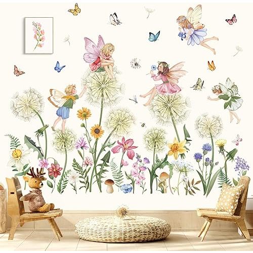 wondever Dandelion Fairy Wall Stickers Elves Flower Butterfly Peel and Stick Wall Art Decals for Girls Bedroom Kids Room Baby Nursery