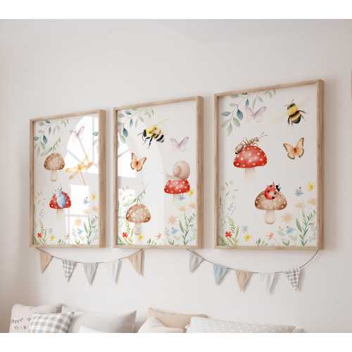 Set of 3 Butterfly Prints, Mushroom Wall Art Set, Ladybug Posters, Modern Art, Snail Kids Bedroom Decor, Girl Nursery Decor, Playroom Prints
