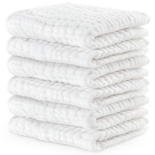 Baby Washcloths Muslin Cotton, Large 10”x10” by Comfy Cubs - White, Pack of 6