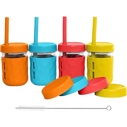 WeeSprout Glass Cups With Lids & Straws, Spill-Resistant Smoothie Jars for Toddlers & Kids, Baby Food Storage & Snack Containers, XL Silicone Straw, Easy-grip Sleeves, Set of Four, Dishwasher Safe