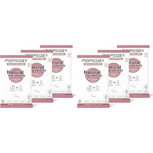 Momcozy Natural Breast Pump Wipes for Pump Parts Cleaning On-the-go, 30 Count (Pack of 6), Flash Clean & Resealable Pump Wipes