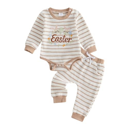 My First Easter Baby Boy Outfit Newborn Coming Home Clothes Waffle Knit Striped Bodysuit Romper and Pants Set