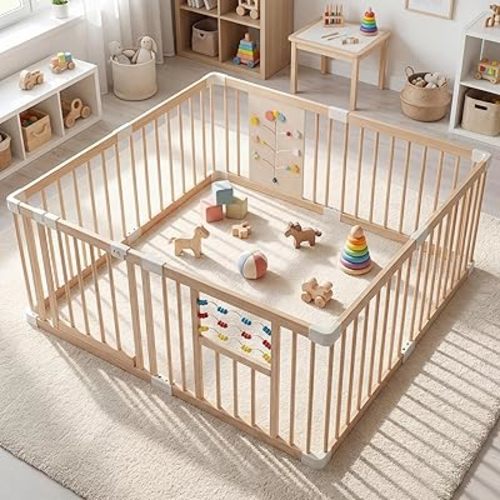 INFANS Wooden Baby Playpen with Adjustable Size & Shape, 8 Panels, Child Proof Lock, Easy to Assemble, 63" x 63" Portable Play Yard for Babies Toddlers