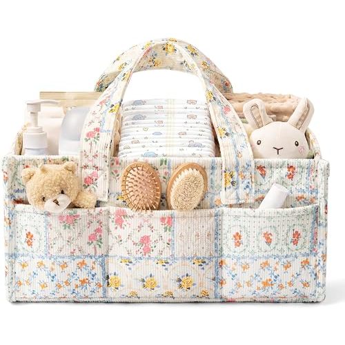 Corduroy Baby Diaper Caddy Organizer with Handles, Nursery Storage Basket